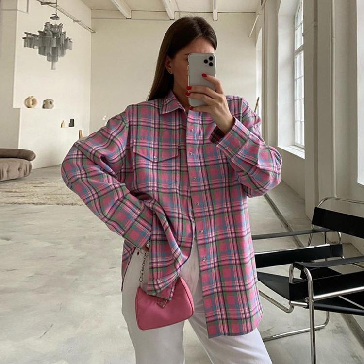 Clacive Модные свободные женские рубашки с длинным рукавом в клетку с лацканами 2024