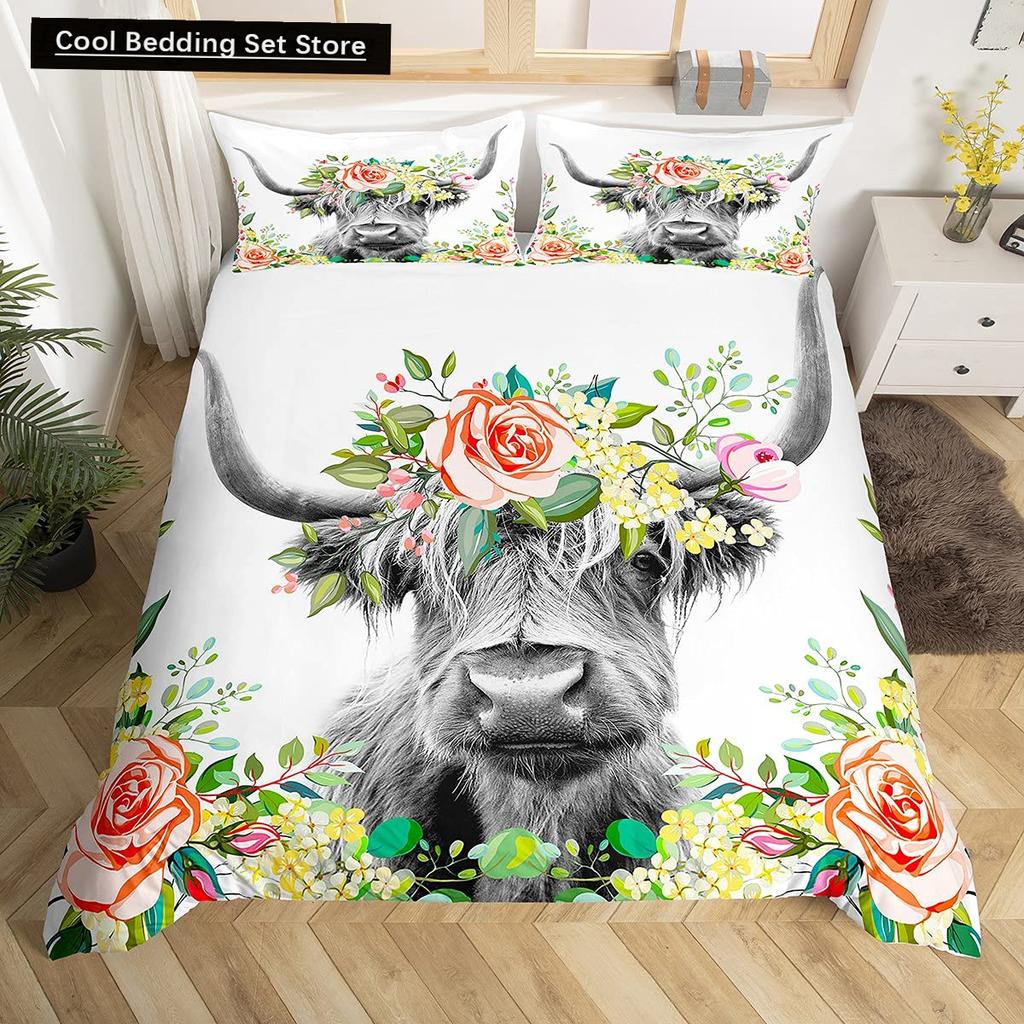 Highland Cow Flower King Queen Duvet Cover Cattle Rose Bedding Set Western Animal Comforter Cover Farmhouse Bull Quilt Cover