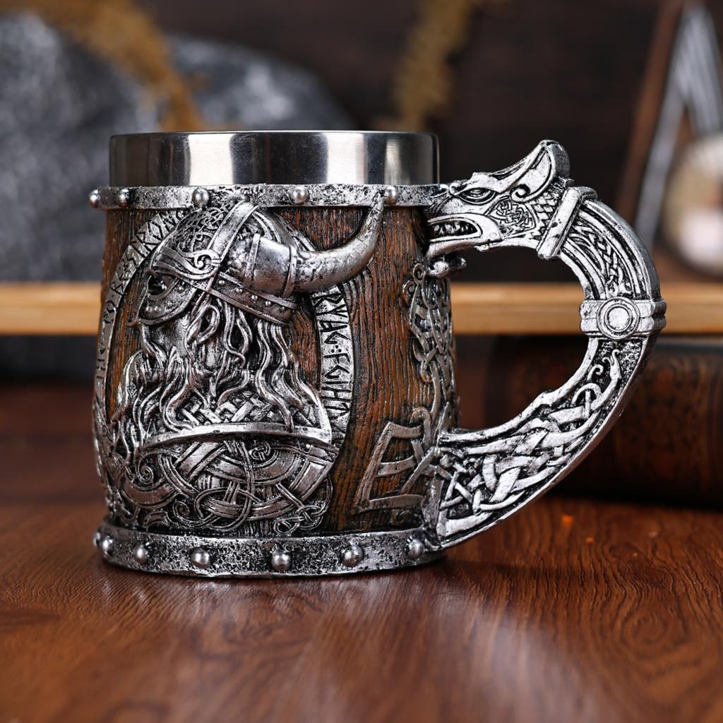 Medieval Viking Dragon Beer Mug Stainless Steel Lined Resin 450ML Large Capacity Barrel Mug Halloween Home Decoration