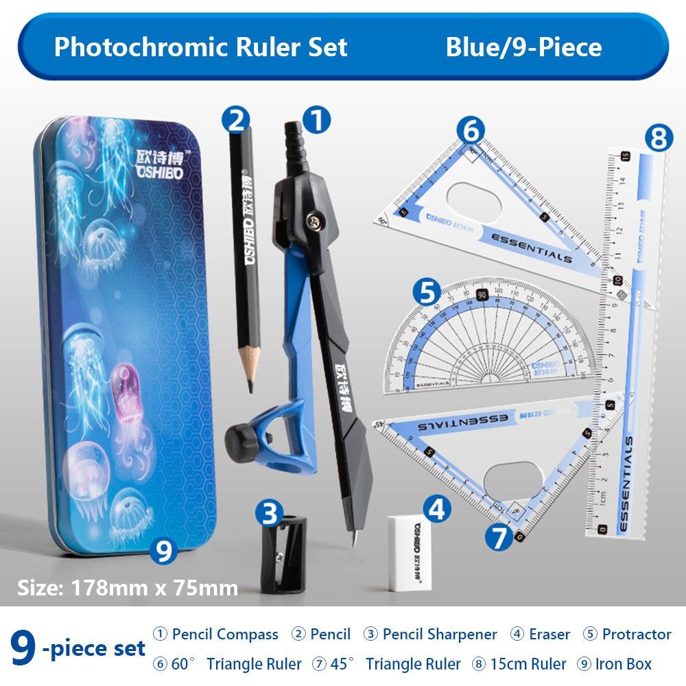 9PCS/Set Propelling Pencil Stationery Ruler Set Plastic Measuring Ruler Protractor Students