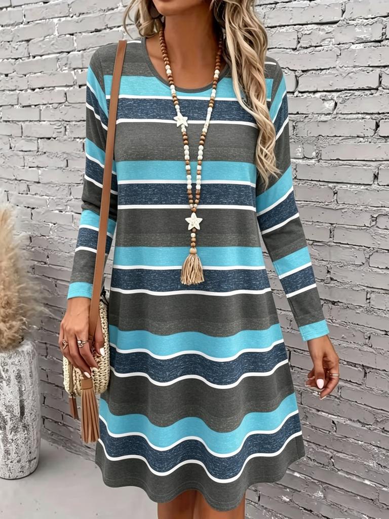 Retro Color Striped Print Round Neck Long Sleeve Dress Women's Casual Loose T-Shirt Dress Autumn Women's A-Line Dress Vestidos