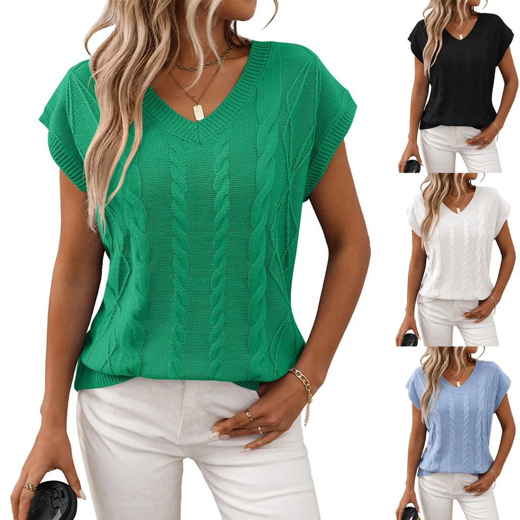 Women's Fashionable Solid Color V Neck Short Sleeved Pullover T-shirt Top
