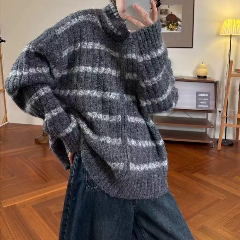 Retro Lazy Loose Striped Sweater Jacket Women's Autumn and Winter New Versatile Stand-up Neck Zipper Knitted Cardigan Tide
