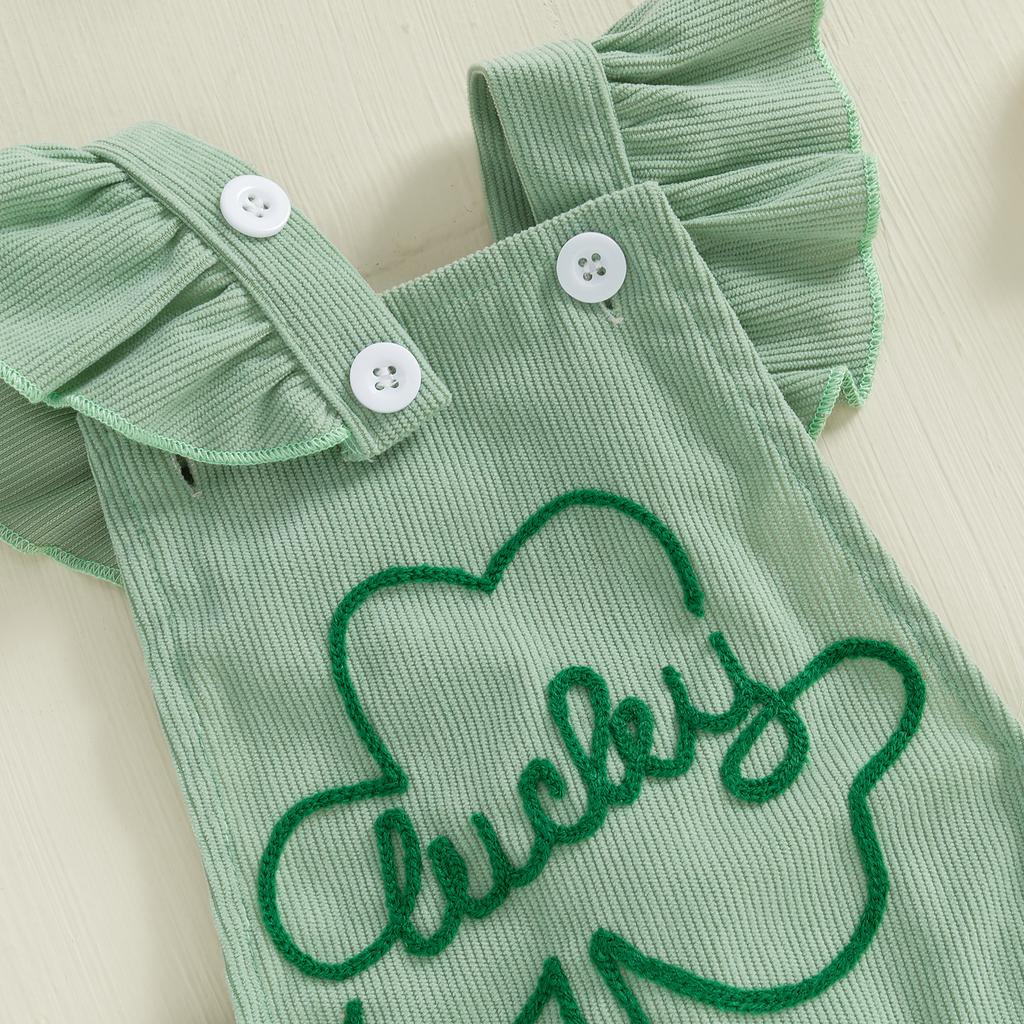Baby Girls Rompers Ireland Clothes Letter Clover Embroidery Corduroy Ruffles Sleeveless Spring Bodysuits Jumpsuits with Headband
