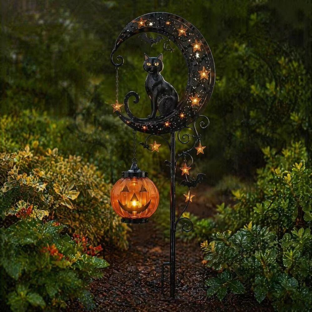 Iron Cat Moon Design Solar Lamp Auto On/Off Halloween Lights Solar Garden Stake Lights Lawn