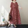 Тонкий хлопок и лен Круглый вырез Короткий рукав Полосатый Минималистичный Длинная юбка для женщин