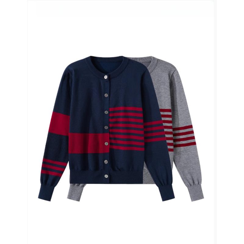Retro Color-blocking Striped Knitted Cardigan for Women, Autumn Round-neck Single-breasted Sweater, A Unique and Versatile Top