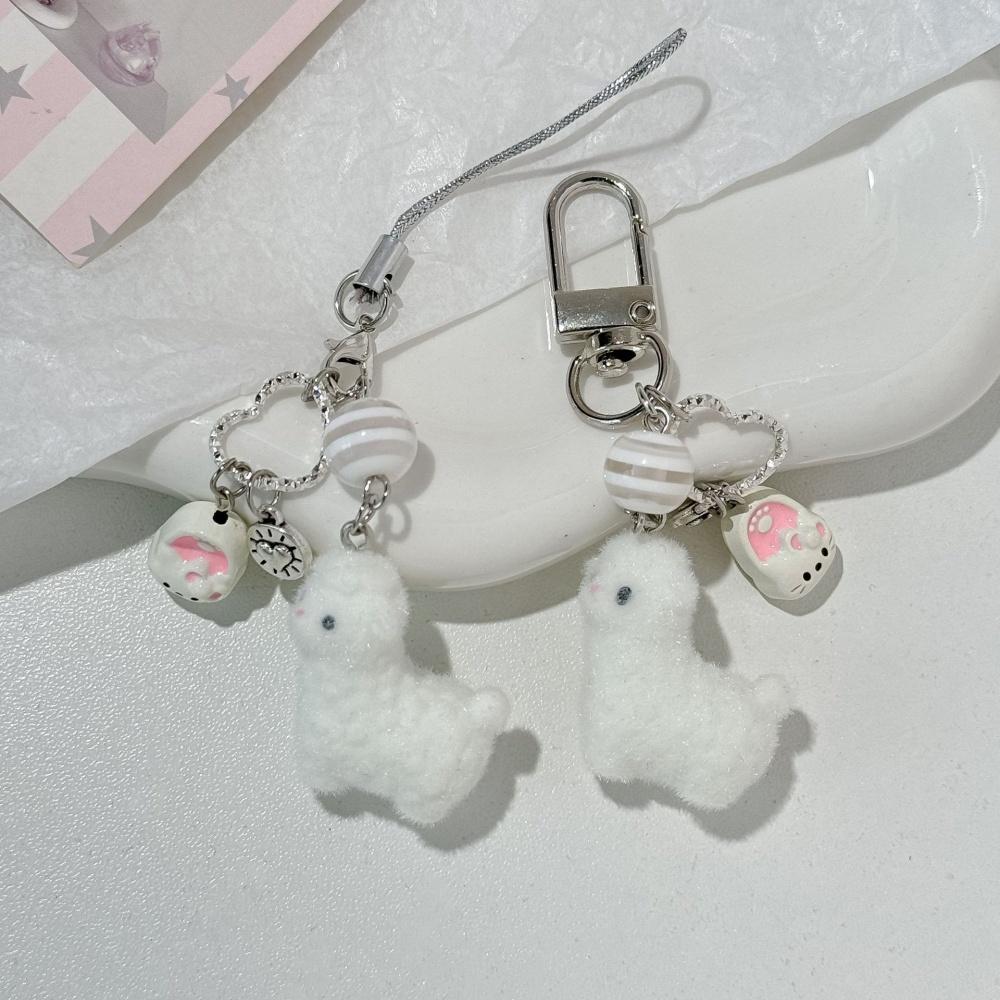 Flocking Cartoon Lamb Keychain Cute Kawaii Plush Animal Pendant Bag Charm Decoration Keyring Car Key Holder Earphone Case Gift