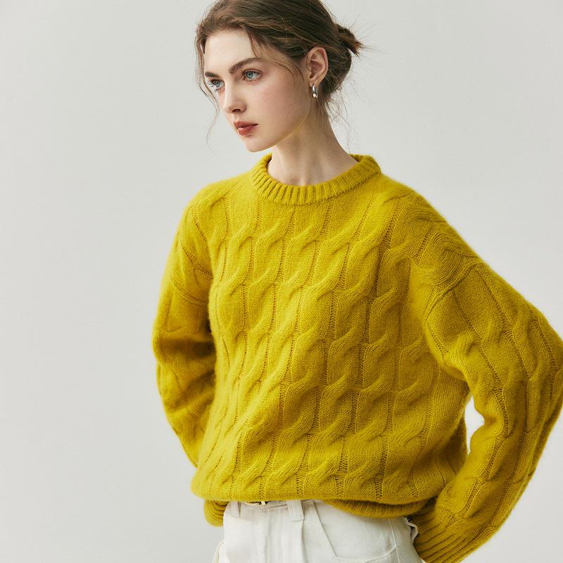 Женский пуловер из тяжелого кашемира крупной вязки «косы» - осенне-зимний свитер с длинным рукавом и круглым вырезом