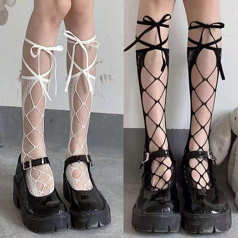 Gothic Lolita Sockings Mesh Lace Tube Socks JK Socks Thin Fishnet Stockings Bow Tie Hollow Calf Socks