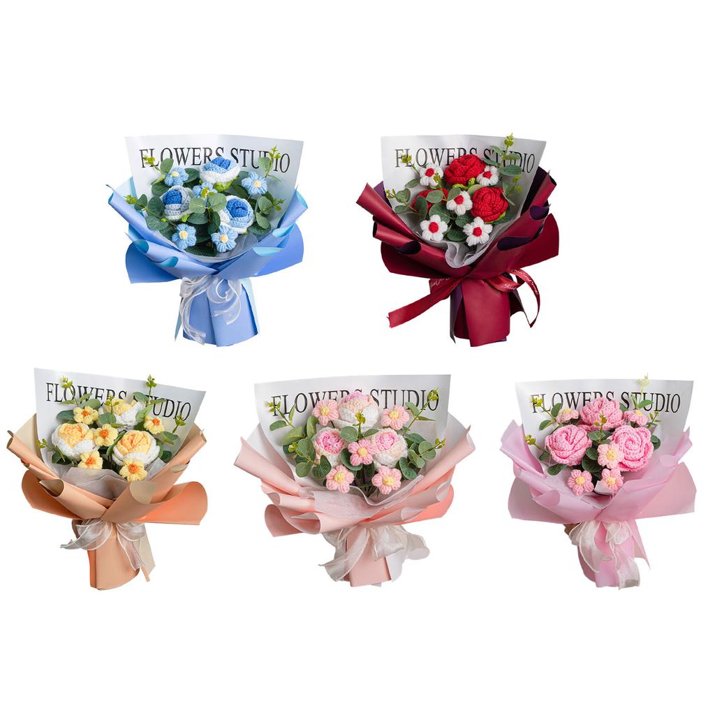 Crochet Flower Bouquet with LED String Lights Gift Bag for Mother's Day Gift, Knitted Bouquet Artificial Rose Flowers