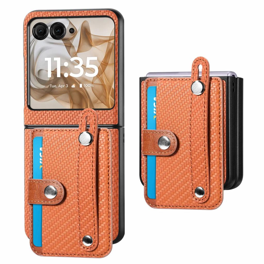 Carbon Fiber Pattern Leather Phone Case For Motorola Razr 60 50 Ultra 40 Multifunctional Card Slot Bag Bracket Wrist Strap Cover