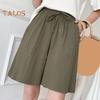 Women Summer Casual Shorts Elastic Waist Drawstring Pockets Shorts Solid Color Wide Leg Loose Short Pants Streetwear