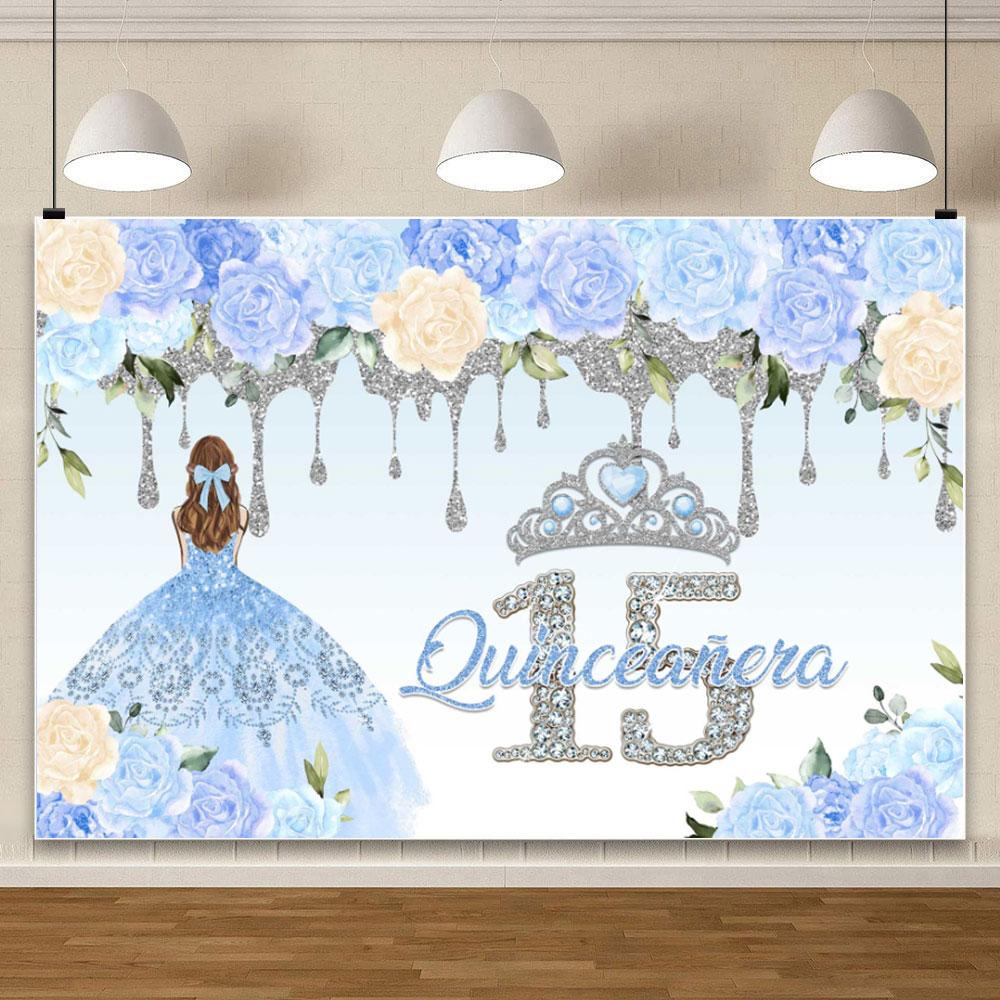 15th Birthday Party Backdrop Custom Decor Floral Crown Pink Rose Quinceañera Princess Flower Butterfly Sweet Girl Dress Photo