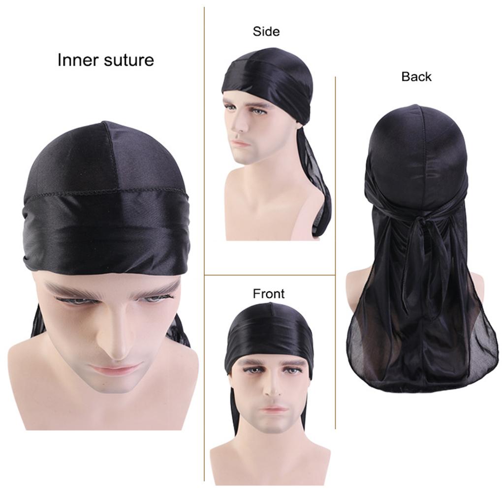 Men Black Bandanas For Hip Hop Rapper Long Tails Soft And Comfortable Silky Durag With Long Tail
