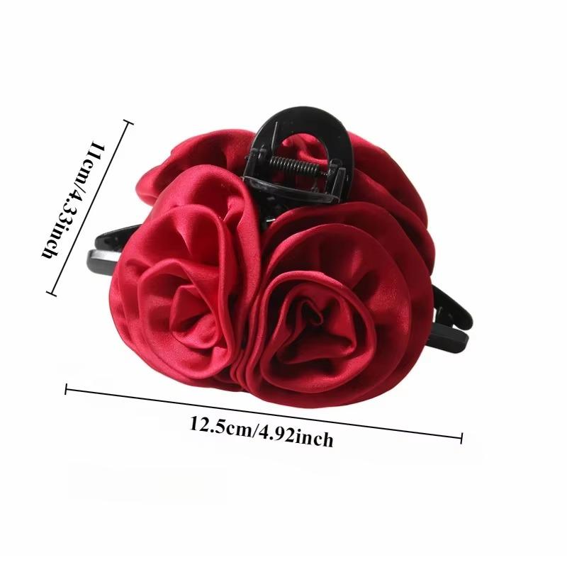 French Big Double Rose Flower Hair Claw Clips for Women Girls Vintage Satin Solid Fabric Handmade Shark Hairgrip Accessories