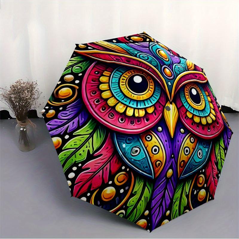1pc Colorful Owl Mandala Folding Umbrella With Excellent UV Protection, 8 Ribs Casual Durable Lightweight Portable Travelling Umbrella For M