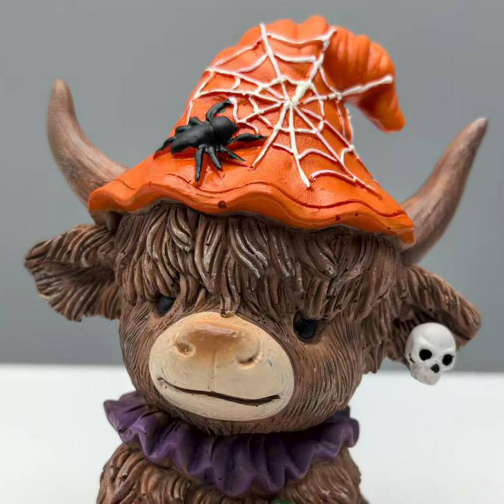 Highland Cow Ornament Highland Cattle Statue Halloween Highland Cow Figurine with Pumpkin Skull Resin Sculpture