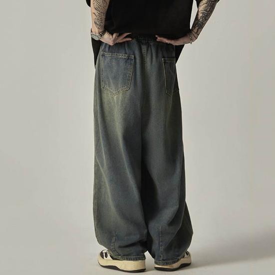 Мужские однотонные брюки большого размера с драпировкой и широкими штанинами из денима с эластичной резинкой на талии на весну и осень