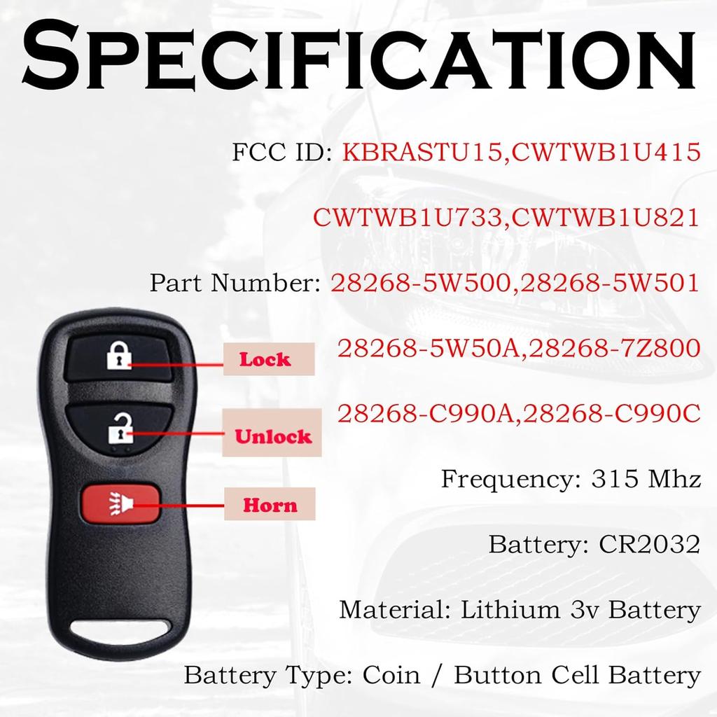 Замена брелока дистанционного управления бесключевым доступом Подходит для Nissan Xterra Titan Armada Frontier 2002- Quest Sentra Murano Pathfinder Versa Infiniti