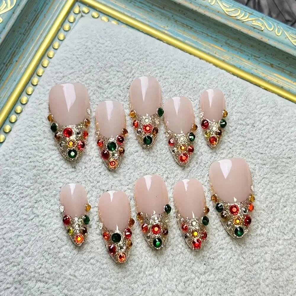 10pcs Luxury Short French Full Drill Handmade Fake Nails Elegant Lady Press On Nails