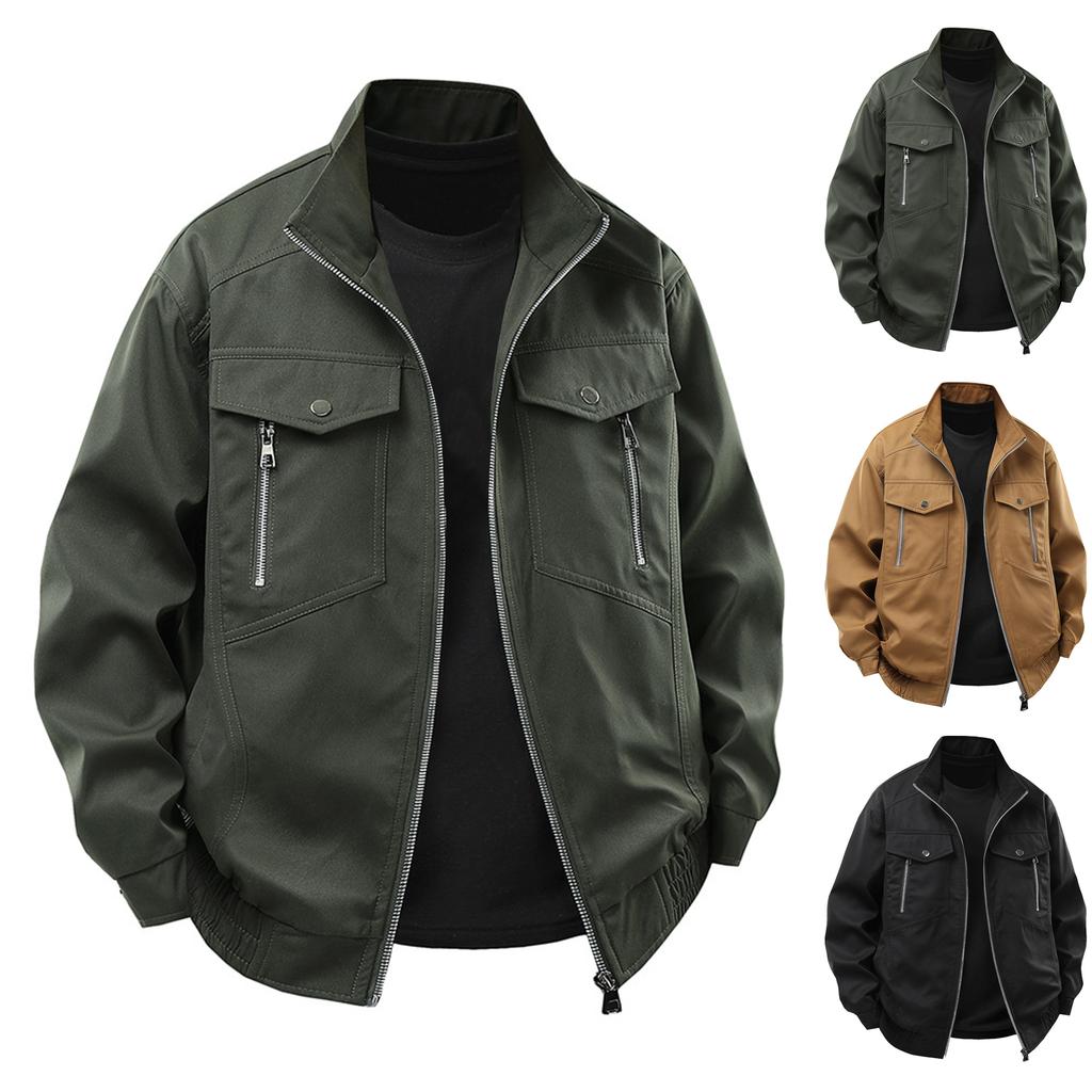 Men's Solid Color Zipper Lapel Retro Jacket Casual Sports Fashion Workwear Coat