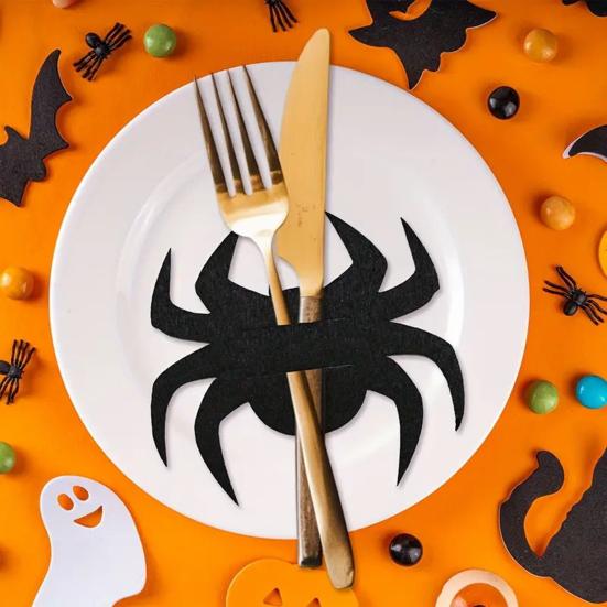 12Pcs Halloween Bat Spoon Fork Holder Spooky Pumpkin Skeleton Ghost Spider Black Cat Cutlery Felt Cover Holiday Party Dining Table Decoration