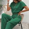 Комплект из 2 предметов: топы и брюки, О-образный вырез, короткий рукав, эластичный подол, повседневный свободный крой, однотонный, с высокой талией, длинные брюки