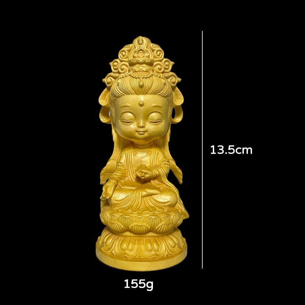 Umora Cute Kannon Statue, Wood Carving, Boxwood, Kannon Bodhisattva Figurine, Protection from Evil, Feng Shui, Entryway, Good Luck Charm, Buddhist