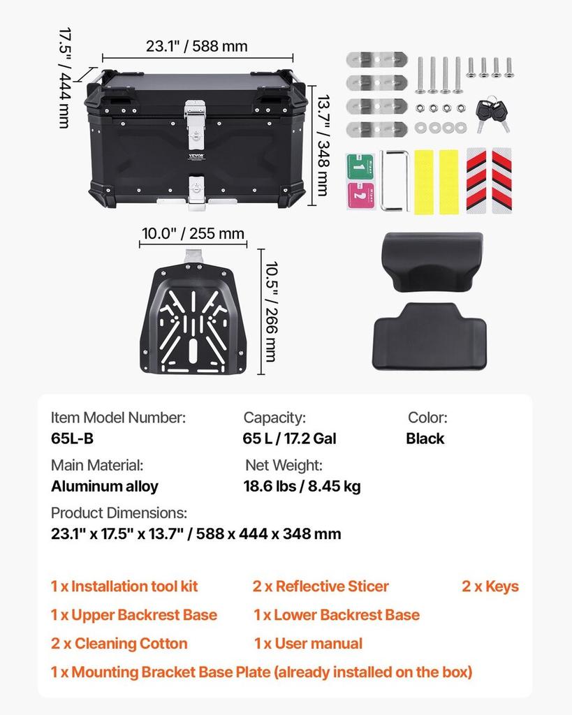 65L Motorcycle Top Case Universal Motorbike Tail Box with Leather Lining