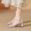 Beautiful High Heels Summer Shoes Silver One-word Thick Heel Pearl Sandals Women