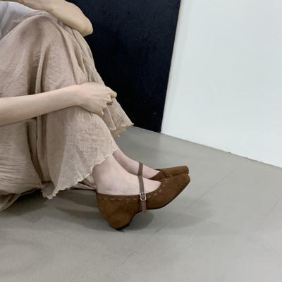 2025 ретро однословная пряжка с туфлями Мэри Джейн французская ручная работа машинная строчка квадратный носок внутренняя высота увеличение мелкий вырез одинарные туфли женские