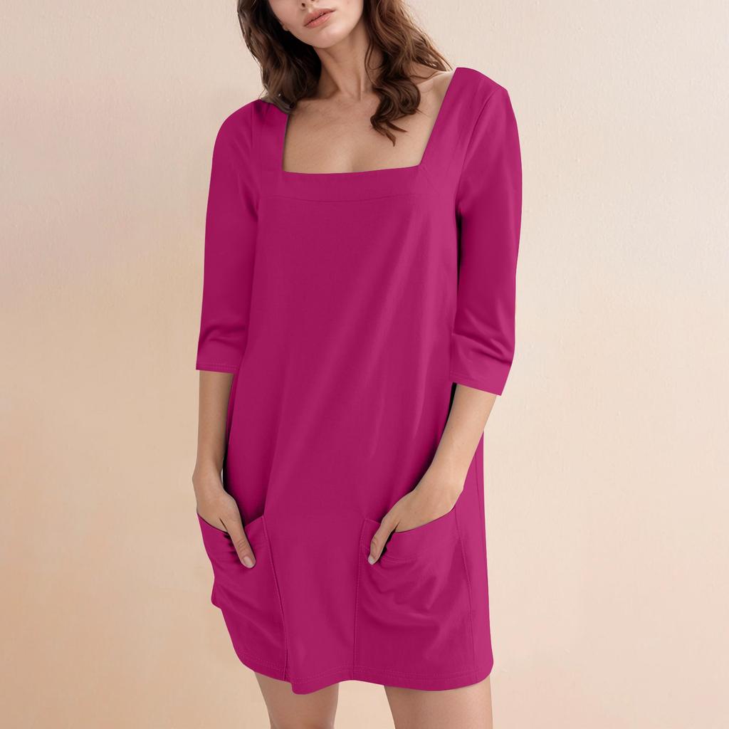 Женское модное повседневное однотонное короткое платье с квадратным вырезом и рукавом 3/4