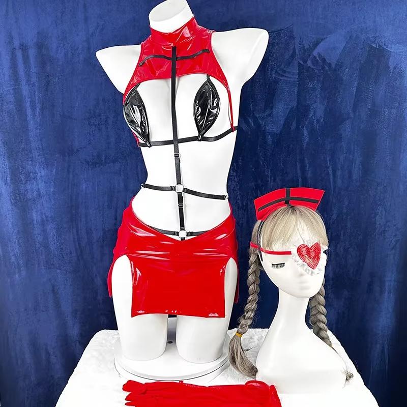 Эротический сексуальный костюм медсестры для косплея, панк-сладкий медсестринский униформный комплект нижнего белья, красный лакированный женский боди, одежда для Хэллоуин-вечеринки