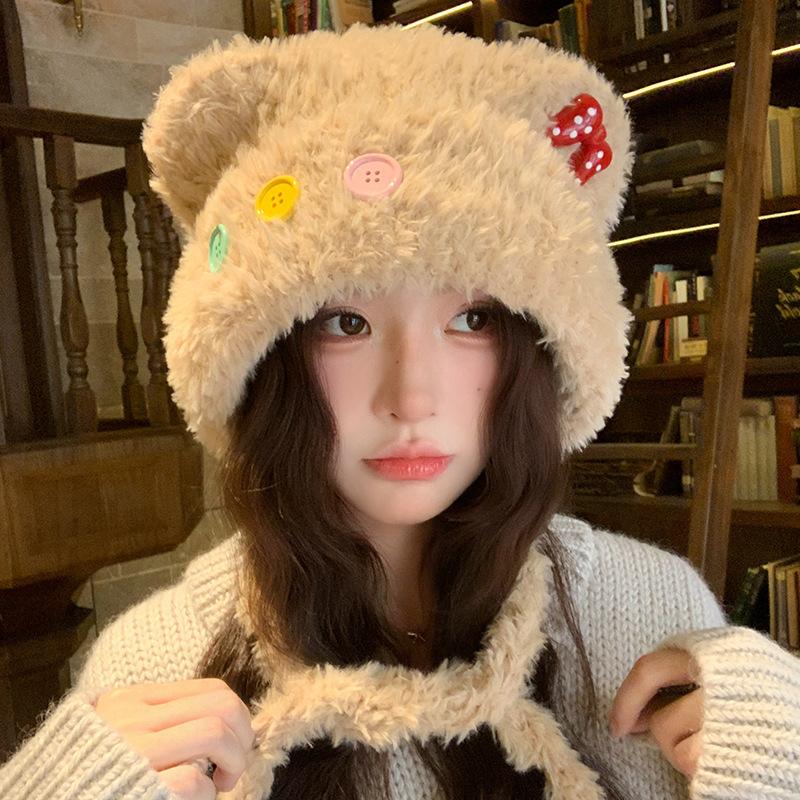 Cute Button Bear Ears Plush Knitted Hat Children'S Season Warm Ear Protection Cold Wool Hat Head Hat