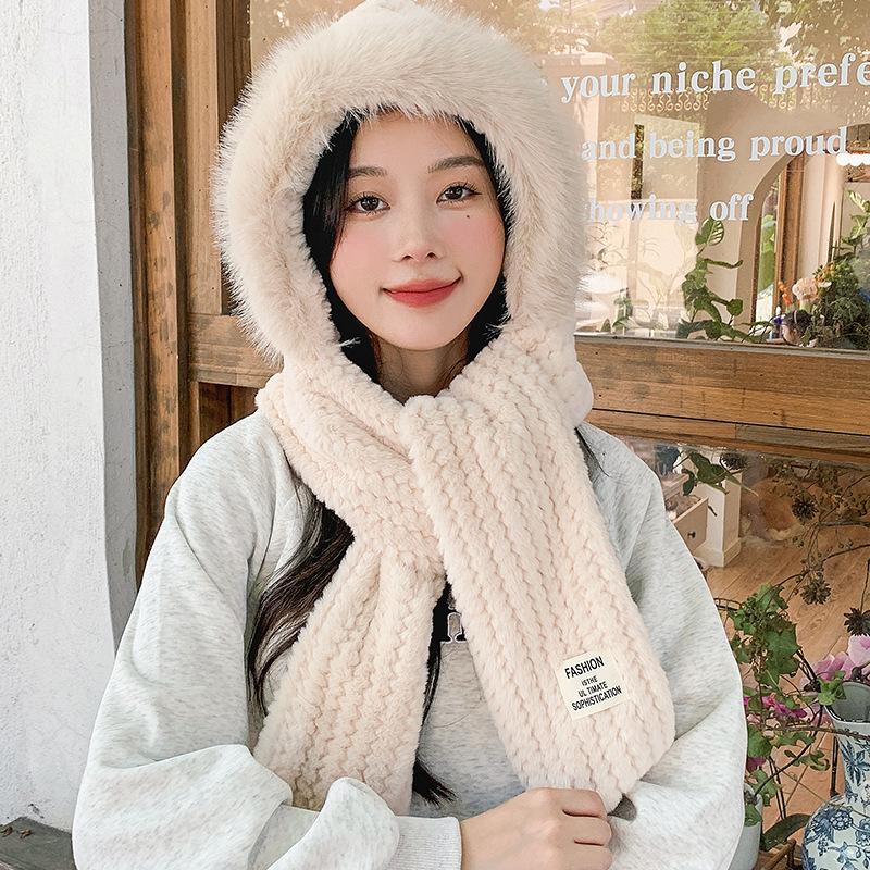 Autumn and Winter Plush Hat, Women's Large Head Circumference, Windproof Ear Protection Scarf, Integrated Hooded Thickened Warm Wool Hat