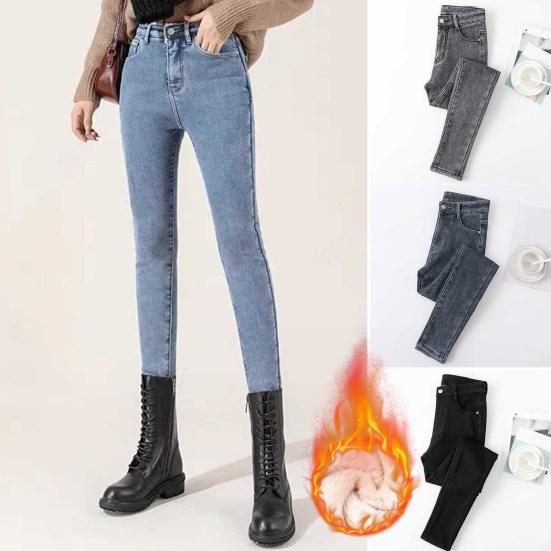 Women Winter Plush Jeans High Waist Thick Velvet Lined Slim Fit Pencil Pants Button Zipper