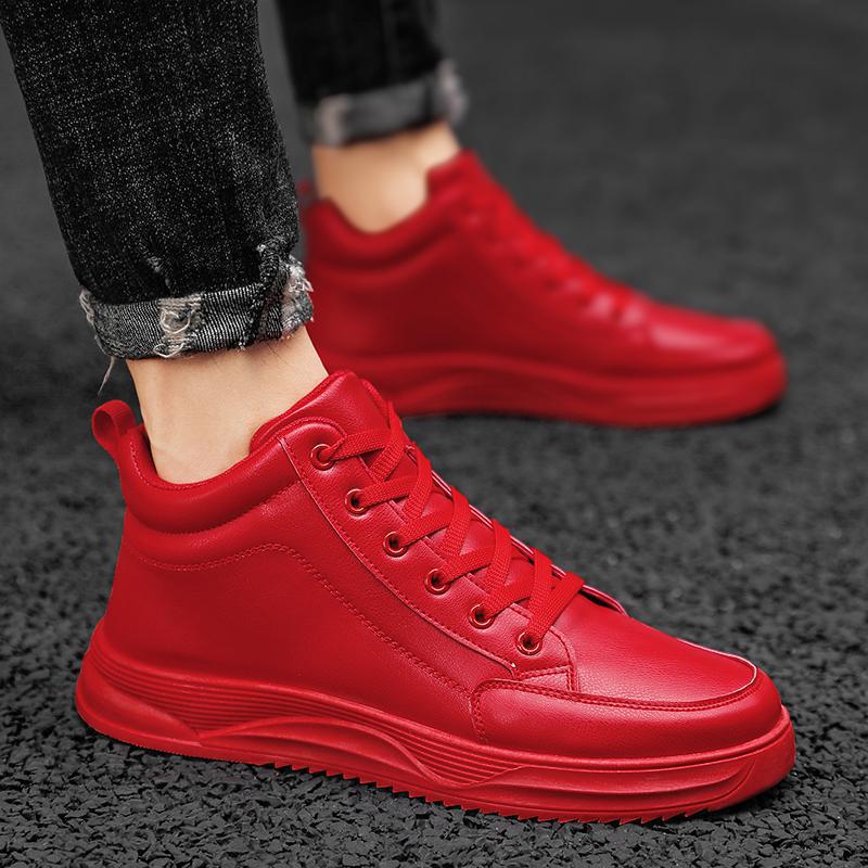 Fashion Autumn Men's Red High Top Sneakers Leather Casual Shoes Men Flat Designer Shoes Breathable Hip Hop Sport Shoes for Man Sneakers