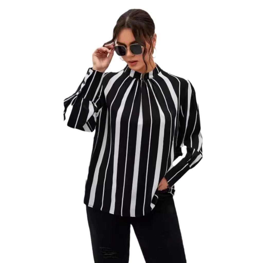 Осенне-зимняя женская полосатая рубашка с круглым вырезом, свободные топы больших размеров