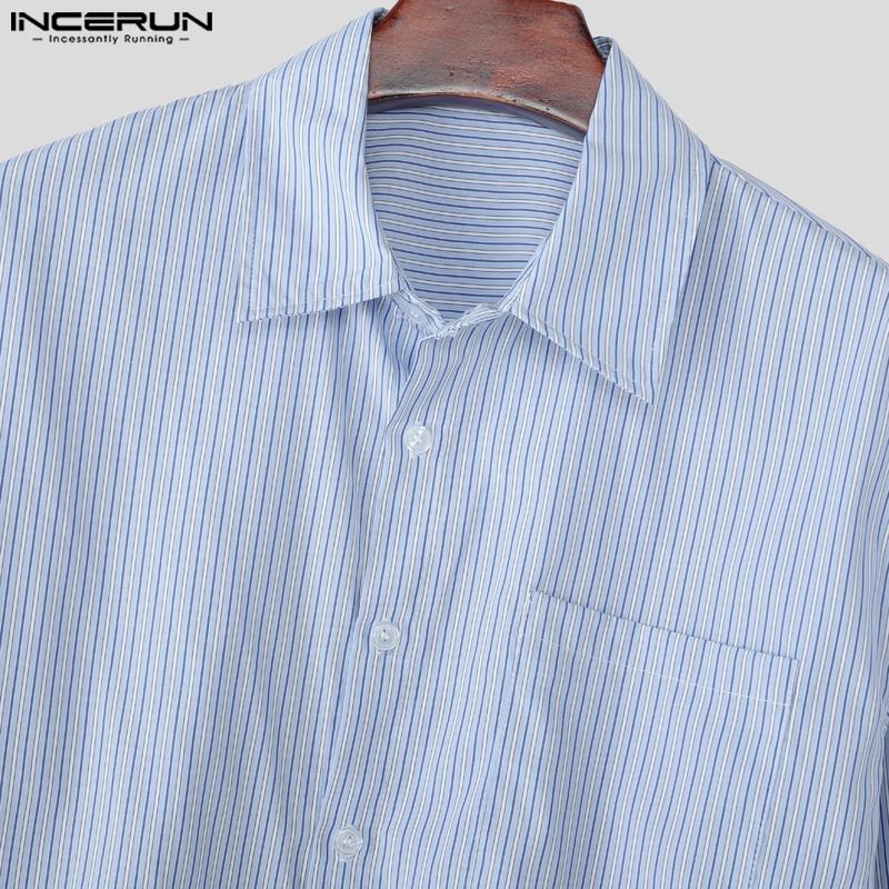 INCERUN S-XXXXXL Men Lapel Neck Long Sleeve Striped Casual Loose Shirts Tops