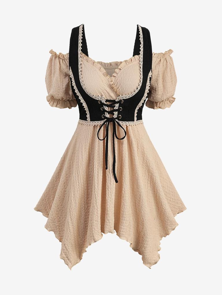 Rosegal Plus Size Cold Shoulder Puff Sleeves Textured Ruffles Lace Up Floral Trim Crochet 2 In 1 Corset Top