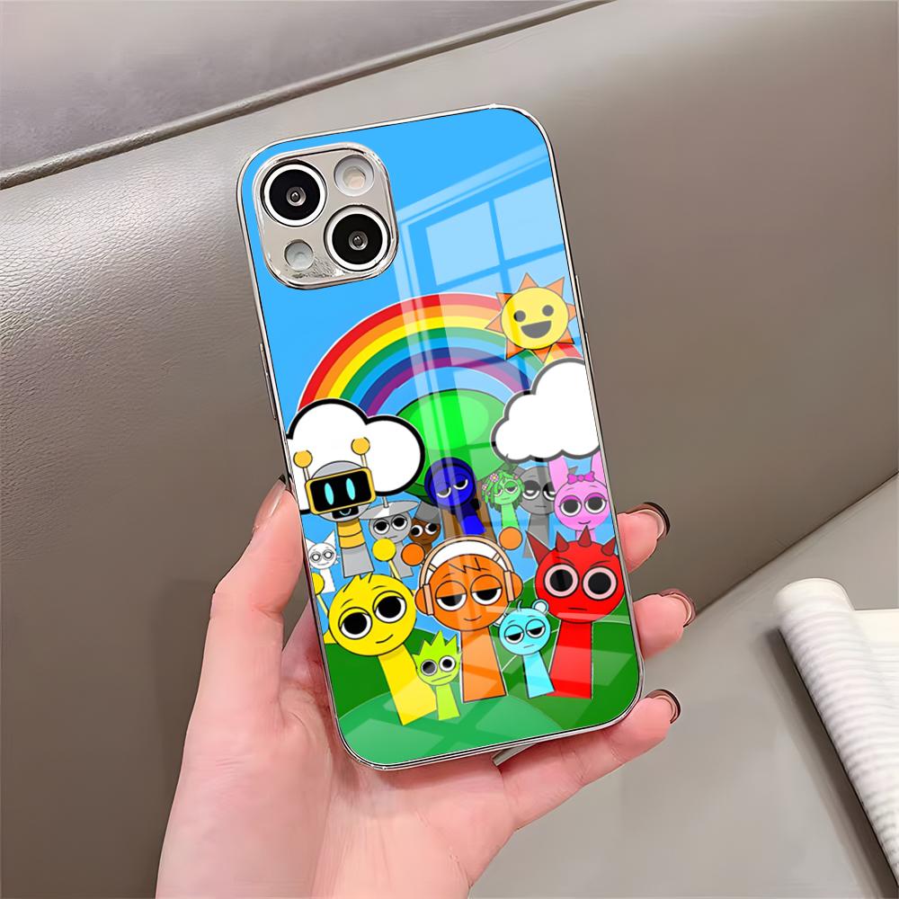Мультяшный Игровой Чехол Sprunki для Телефона iPhone 17 Pro Max 15 Pro 16 14 Plus 12 13 Mini 11 Pro Ударопрочный Гальванизированный Стеклянный Чехол