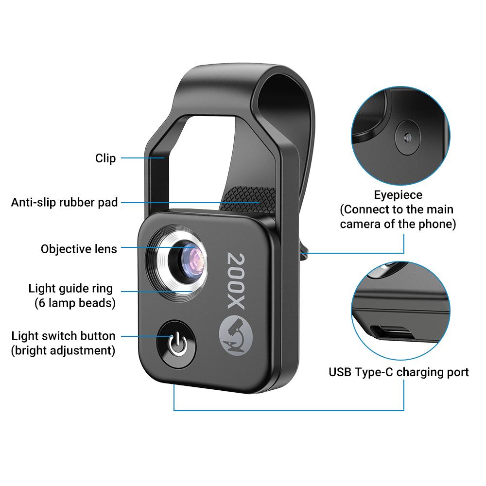 APEXEL MS002 200X Профессиональный объектив для телефонного микроскопа с универсальным зажимом для телефона для борьбы с растительными насекомыми