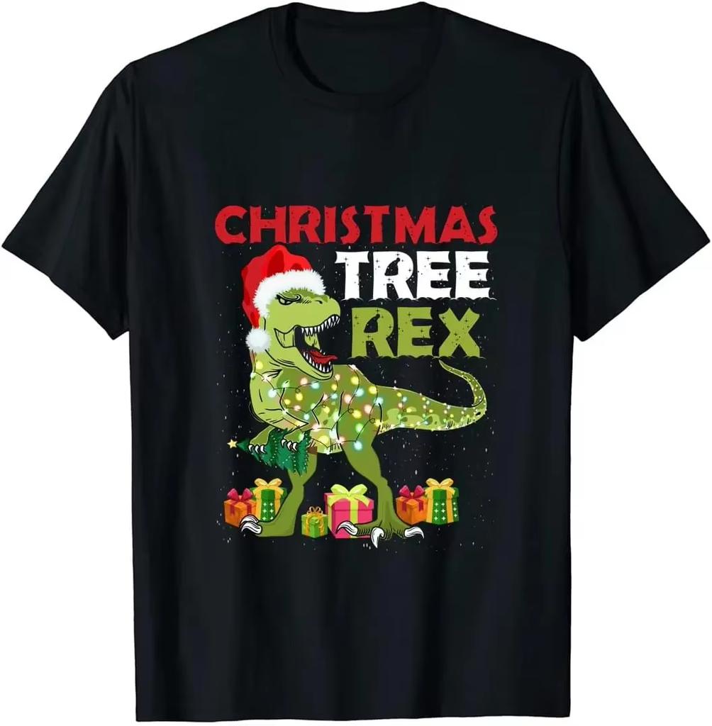 Summer for Men Dinosaur Santa Christmas Tree Rex Funny Graphic Short-Sleeve Top Christmas Cotton T-Shirt