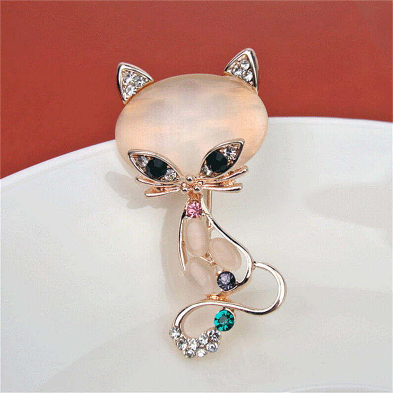 Opal Stone Fox Brooches Womens Cute Animal Pin Brooch Jewelry