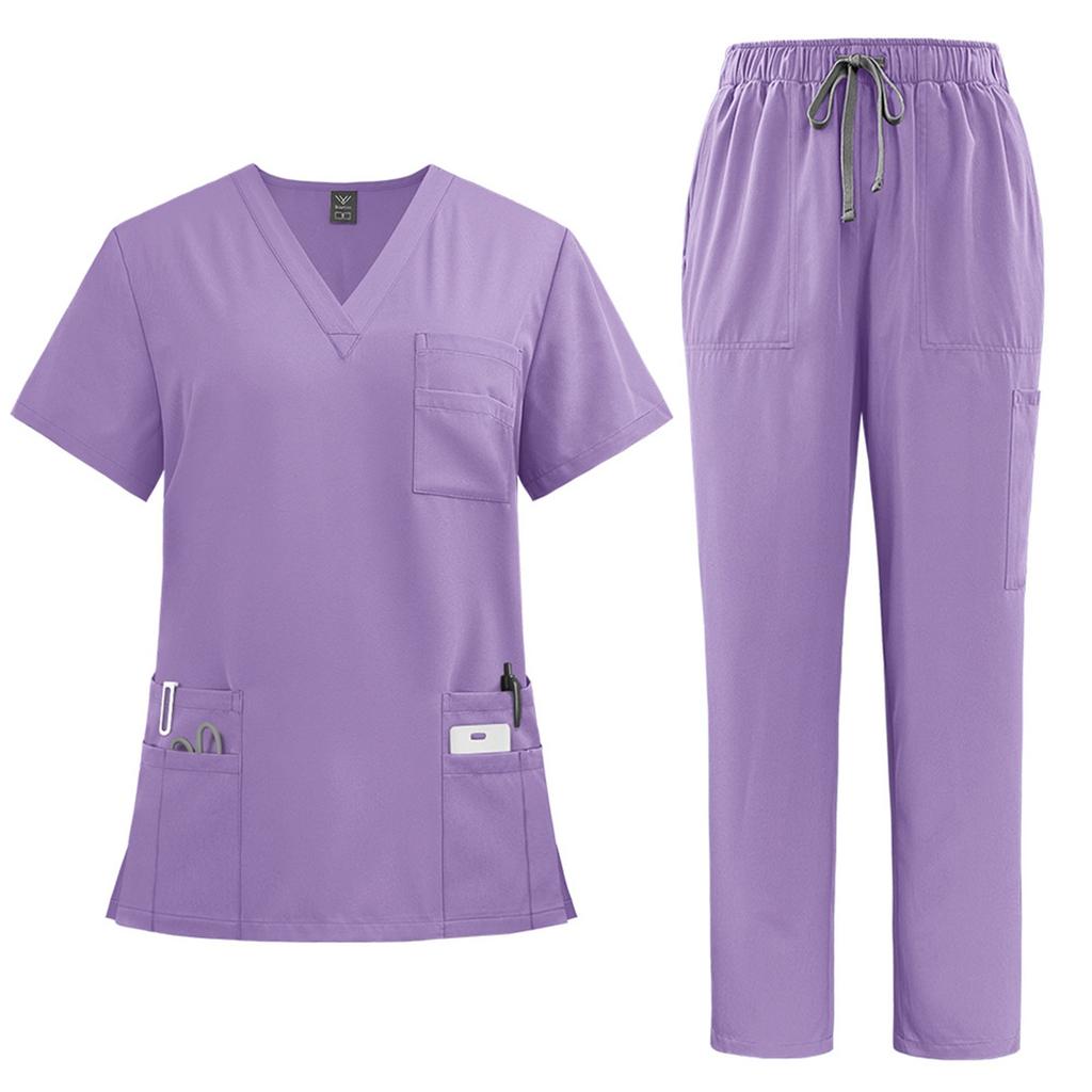Women's Quick Drying Fabric Solid Color V-neck Pocket Short Sleeved Pants Set Workwear