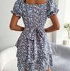 Женское платье размера S-XL на весну и лето с короткими рукавами и цветочным принтом на шнуровке, облегающее талию платье