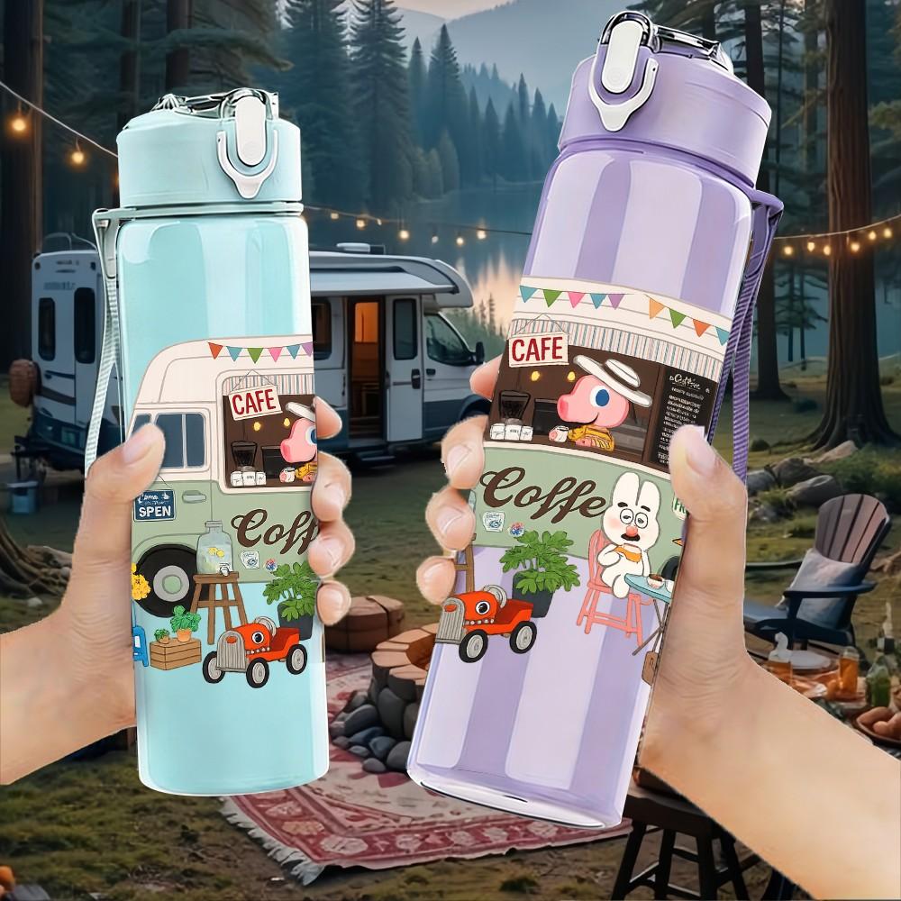 1PC Travel Van Camping Print 750ml Color Plastic Sports Water Bottle Leakproof Flip Straw Lid Suitable for Sports Office Home Use