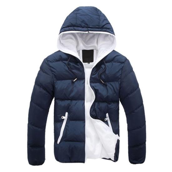 Men Winter Contrast Color Padded Jacket Hooded Drawstring Long Sleeve Pockets Zipper Placket Slim Thickened Warm Coat