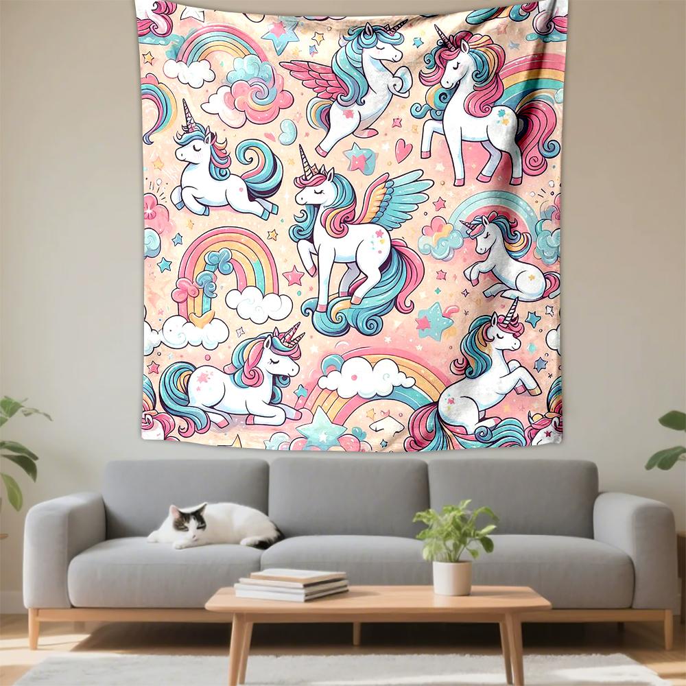 Colorful Unicorns, Rainbows, and Stars Patterned tapestry for bedroom and living room home decor